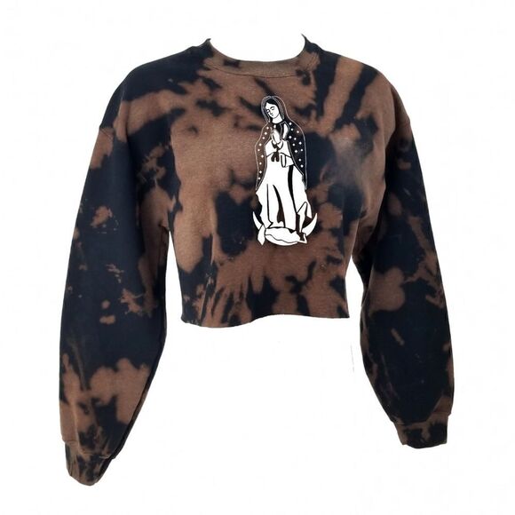 LA VIRGEN DE GUADALUPE Acid Wash Crop Top Long Sleeve Crewneck Sweatshirt latina - Picture 2 of 5